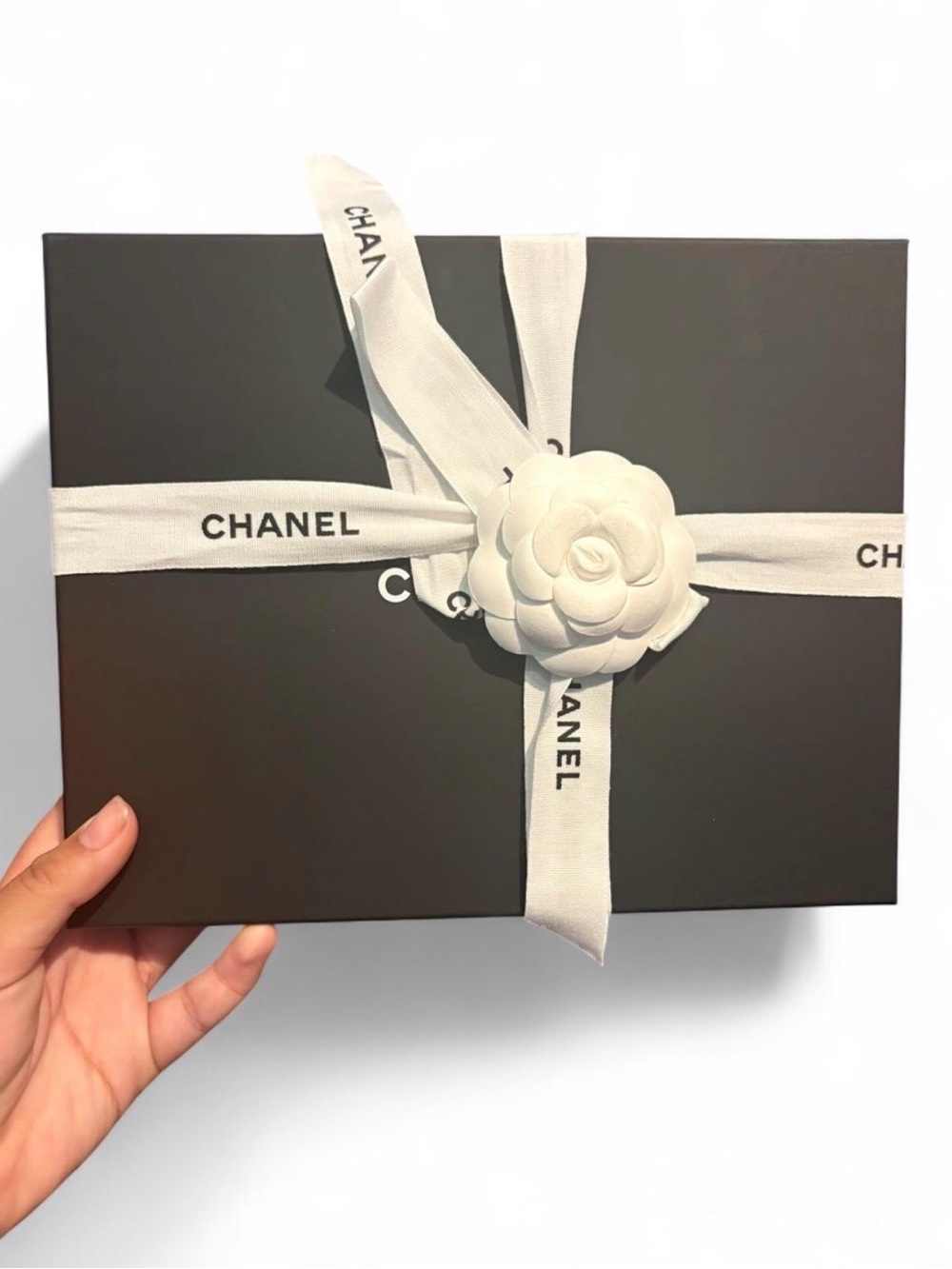 CHANEL Black Box with White Camellia Ribbon